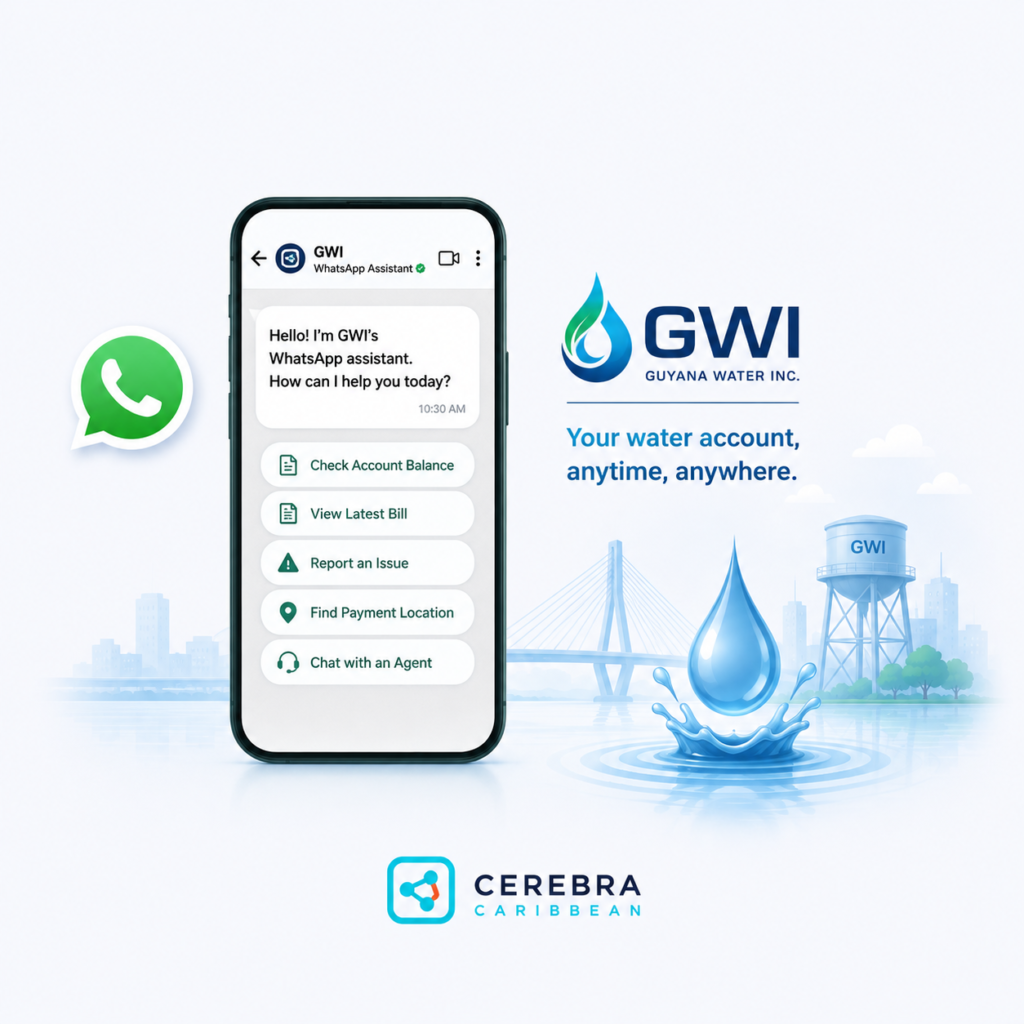 WhatsApp customer service assistant concept for a Guyanese utility and Caribbean businesses