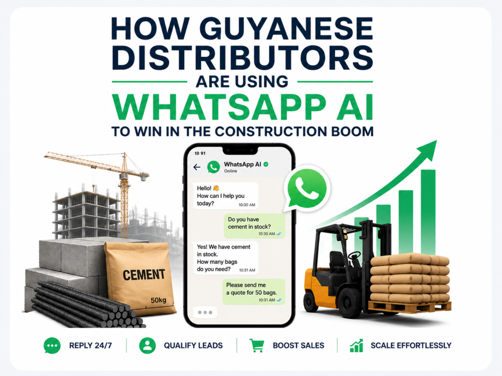 WhatsApp AI chatbot answering a distributor's order inquiries in Guyana